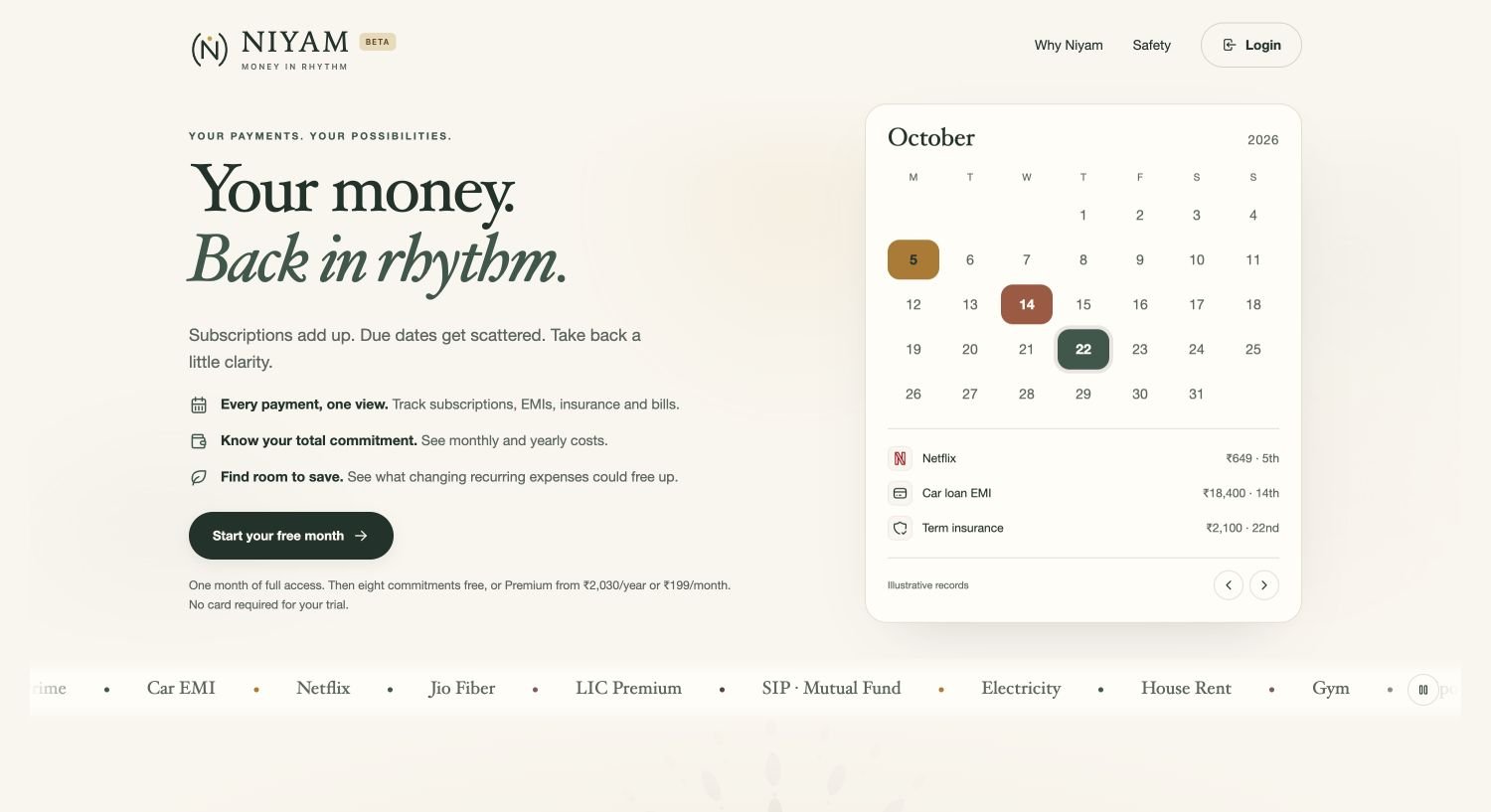 Niyam landing page: Your money. Back in rhythm.